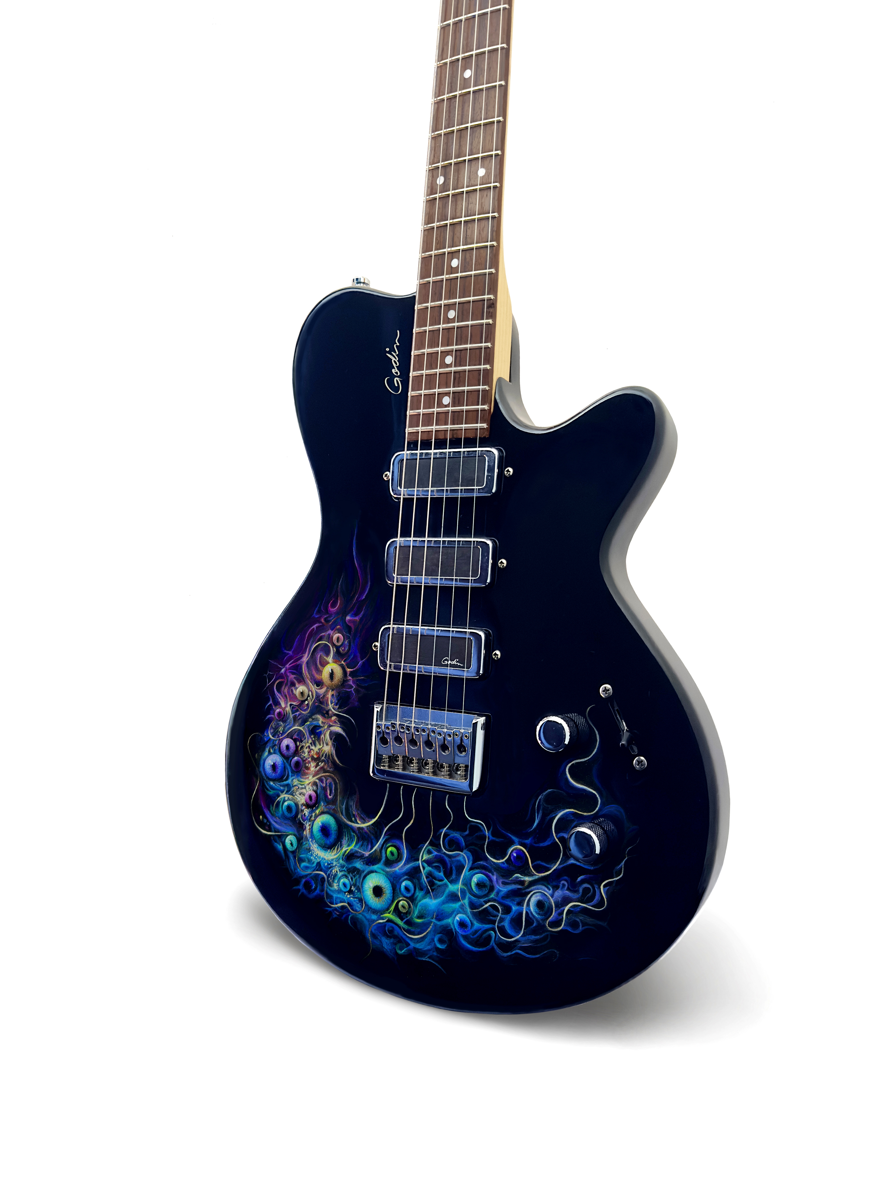 Full black electric guitar painted with a luminous blue, green and violet organic composition.