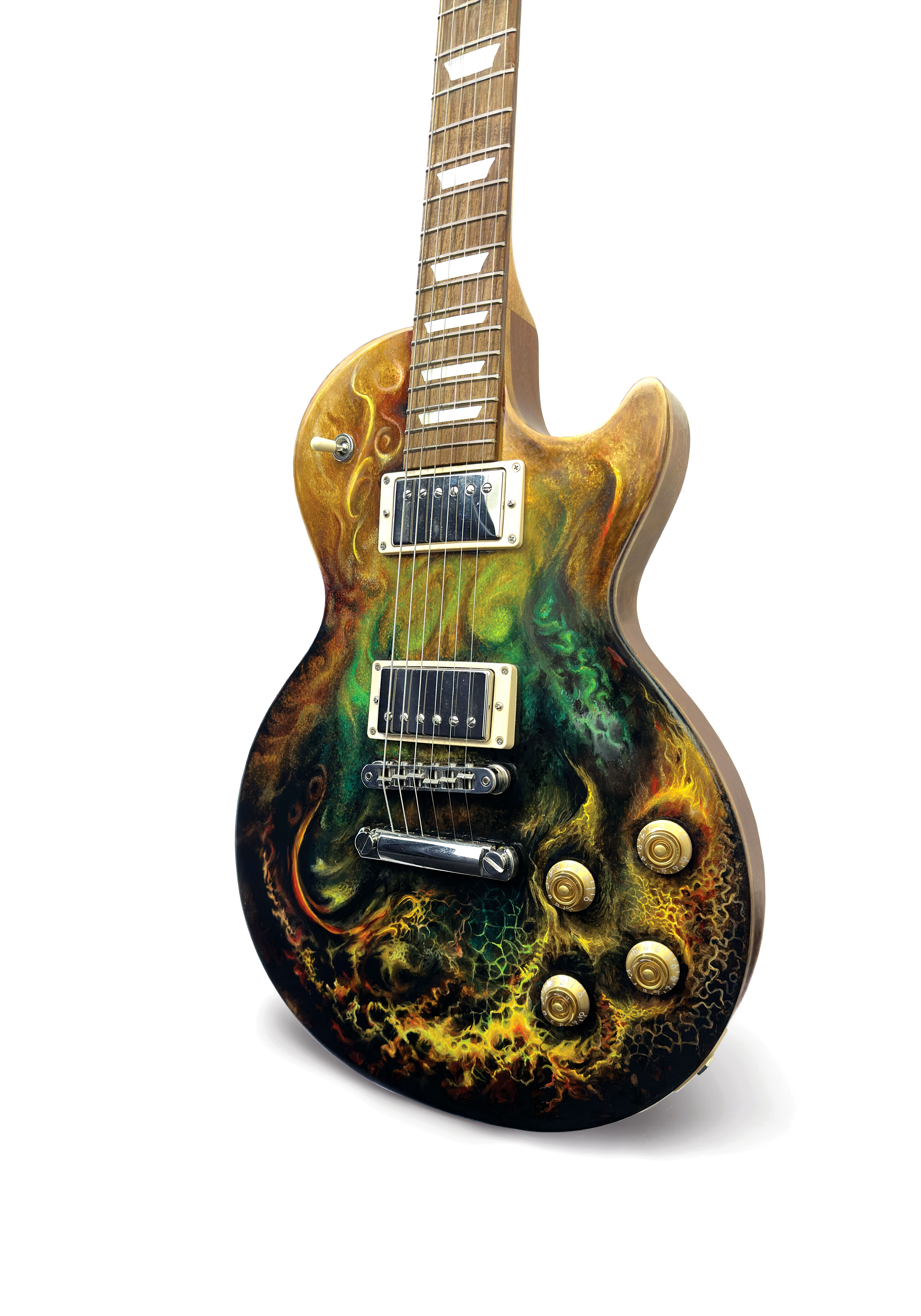 Paranoia, a dark electric guitar hand-painted with an organic gold, green and red composition.