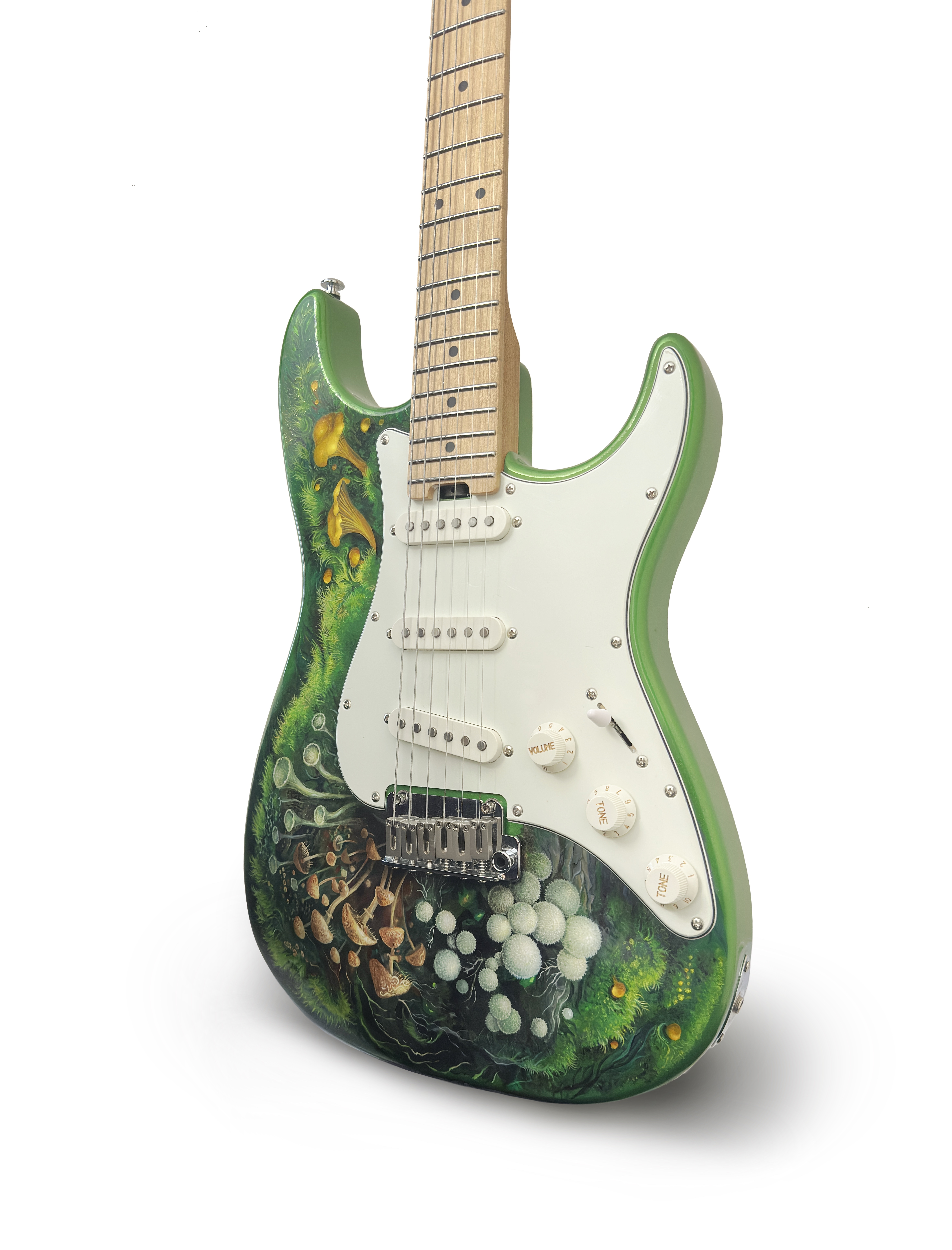 The Wild, a green electric guitar hand-painted with a detailed woodland composition.