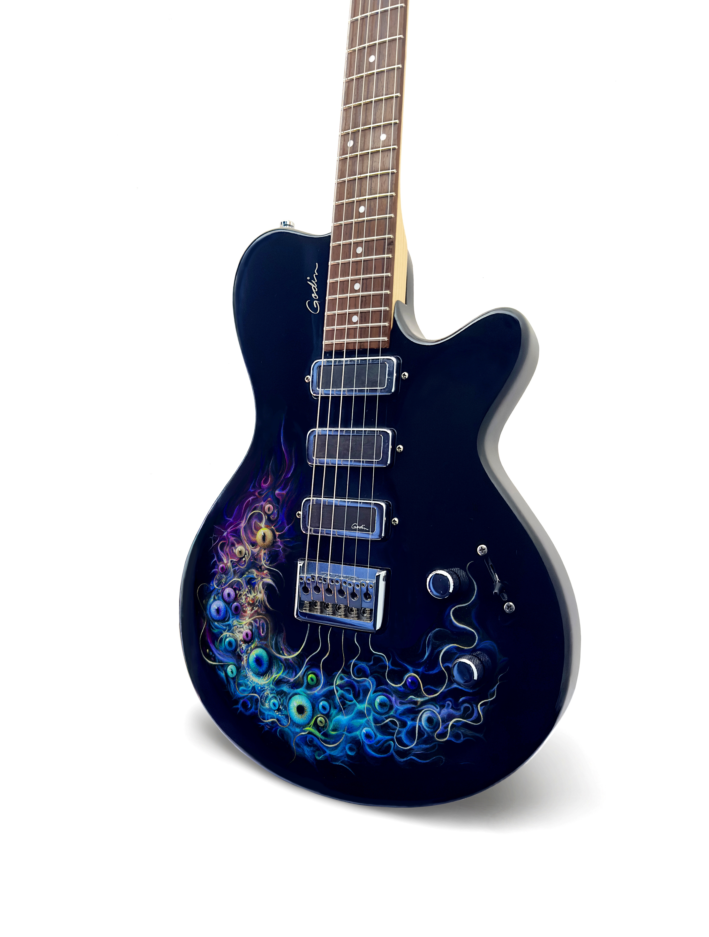 Watchful Strings, an electric guitar covered with blue, violet and silver hand-painted artwork.