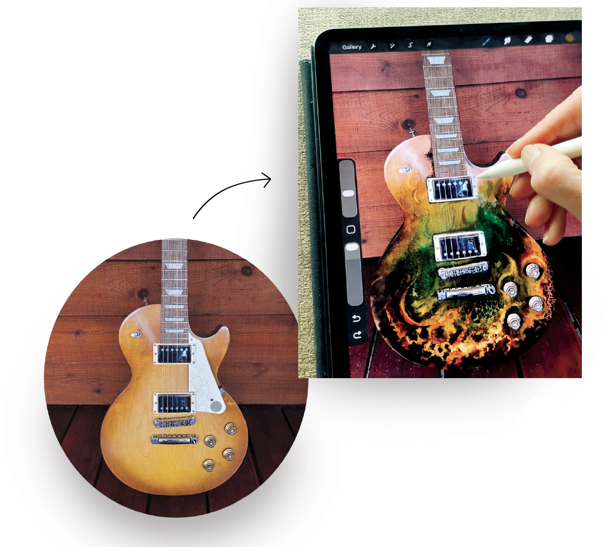 Digital concept development showing a painted guitar composition before production.