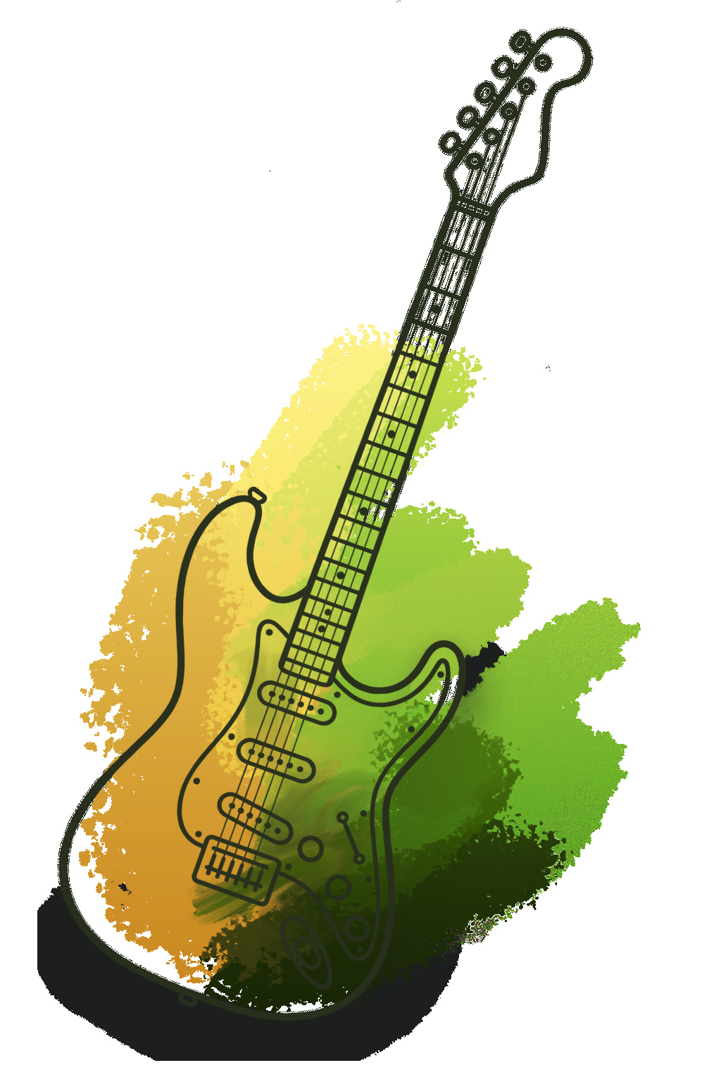 Illustrated concept study showing an artwork considered across a guitar body.